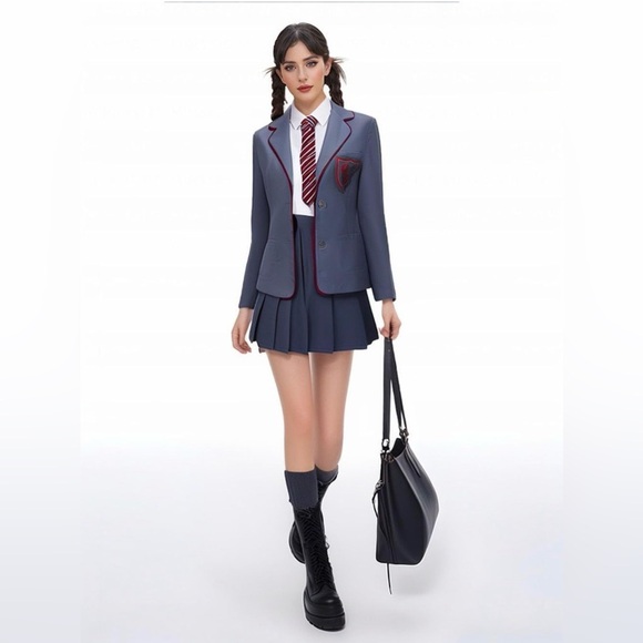Other - Navy Schoolgirl Blazer & Pleated Skirt Set with Burgundy Trim